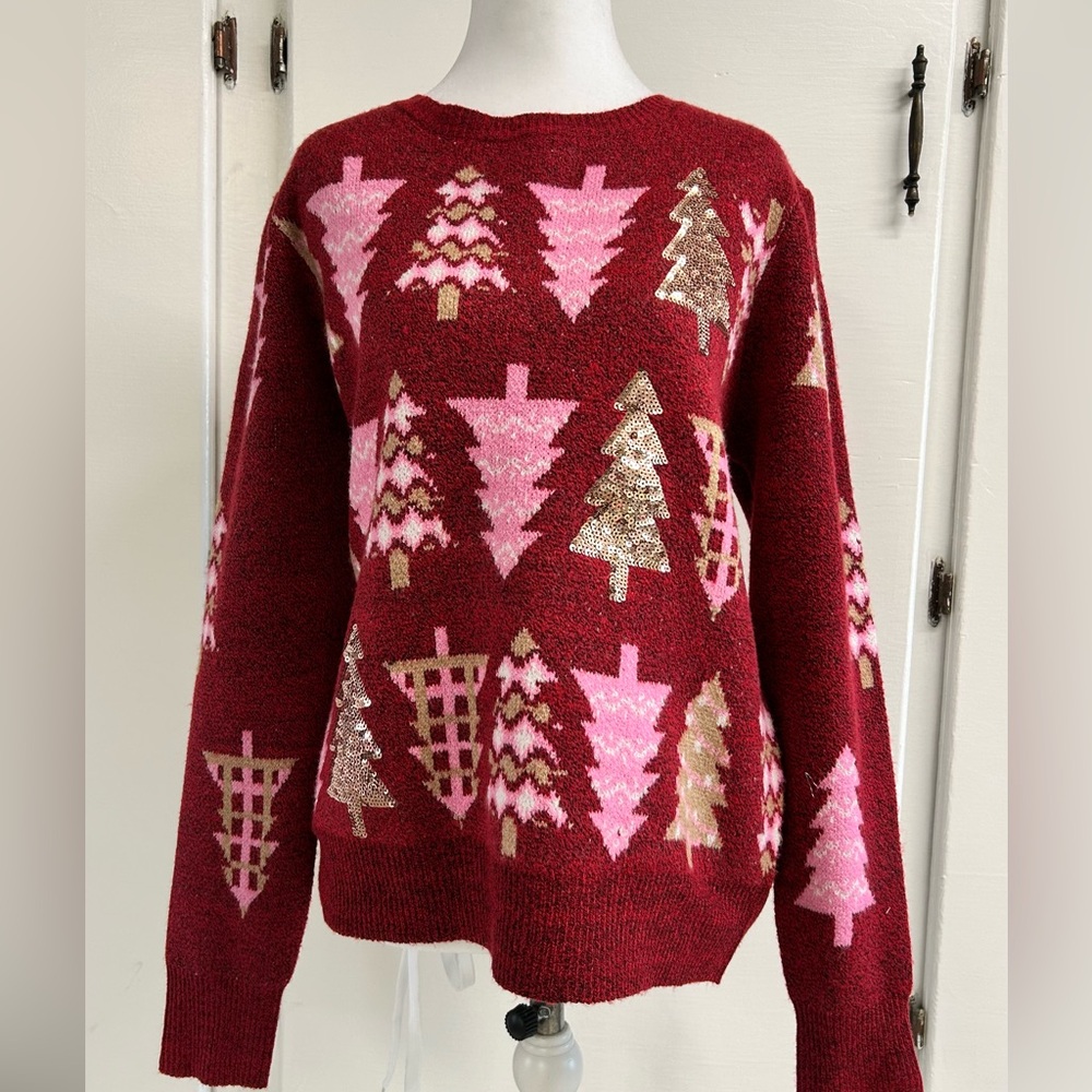 Holiday Time Red and Pink Tree Pattern Sweater